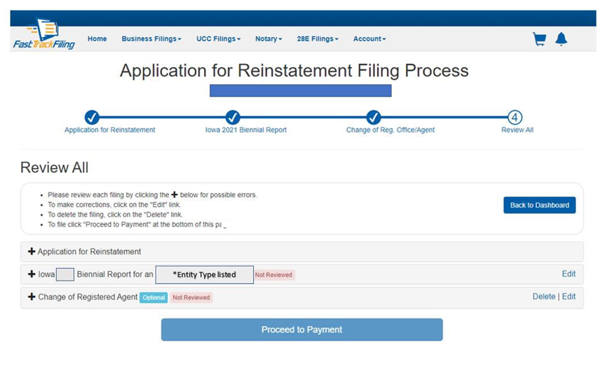 Application for Reinstatement Filing Process-- Review All Information & Proceed to Payment Button