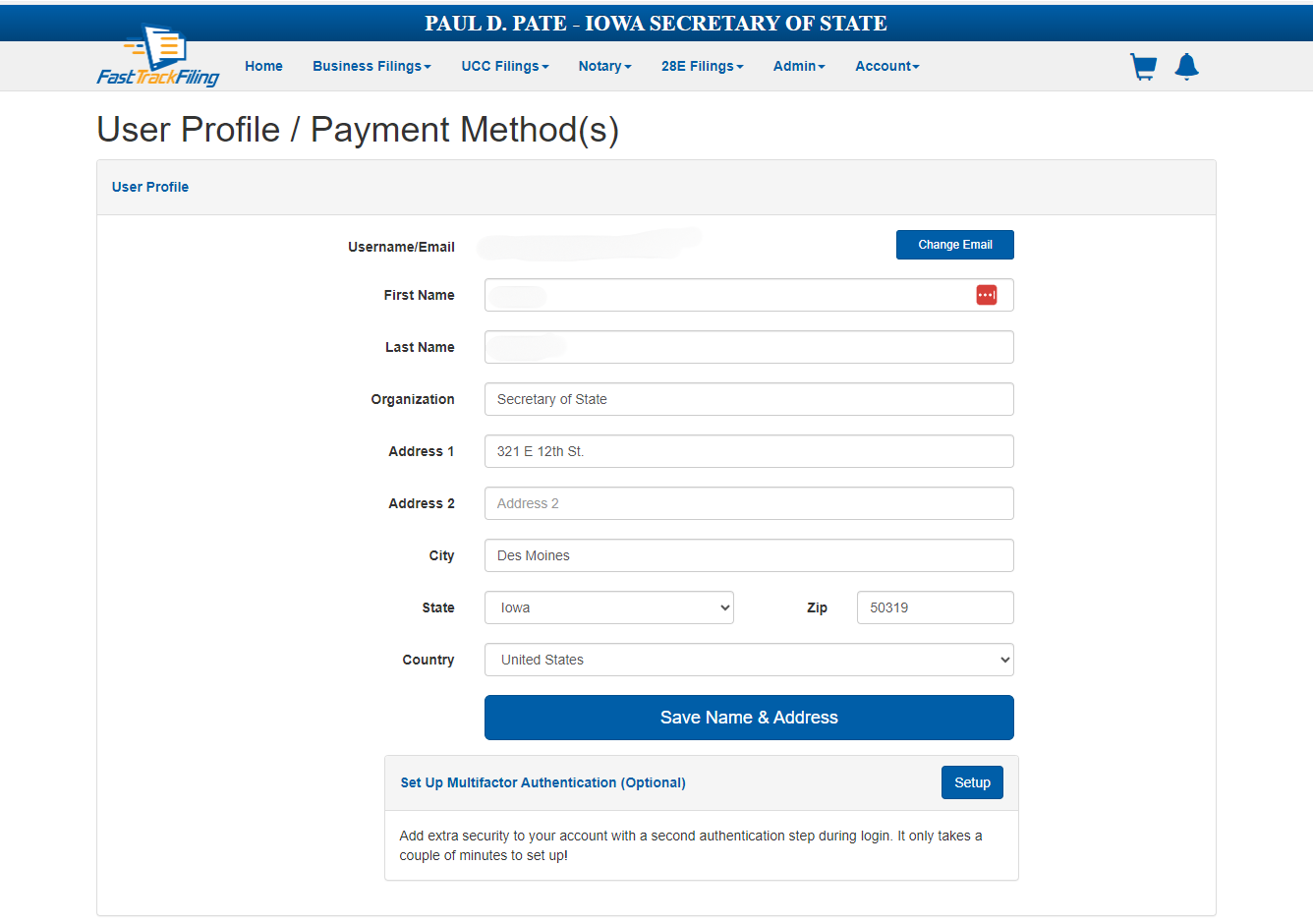 "User Profile/Payment Method(s)" page