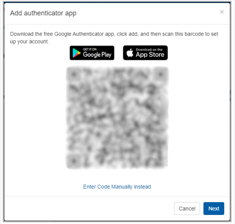 Prompt to add the Google Authenticator app showing a blurred out QR code and the option to enter the code manually instead