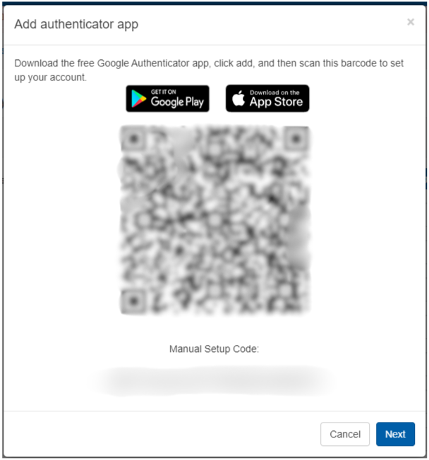 Prompt to add the Google Authenticator app showing a blurred out QR code and the option to enter the code manually instead