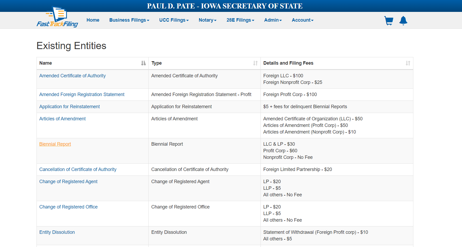 Business Services Forms-- Existing Entities Section