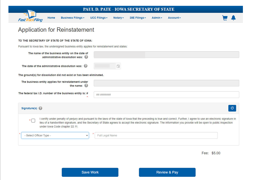 Application for Reinstatement Form-- contains name, dissolution date, reapplication name, tax I.D. number, and signature fillable fields