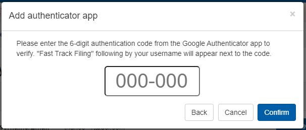 Box to enter the 6-digit authentication code from the Google Authenticator app for MFA verification, with "Back," "Cancel," and "Confirm" buttons